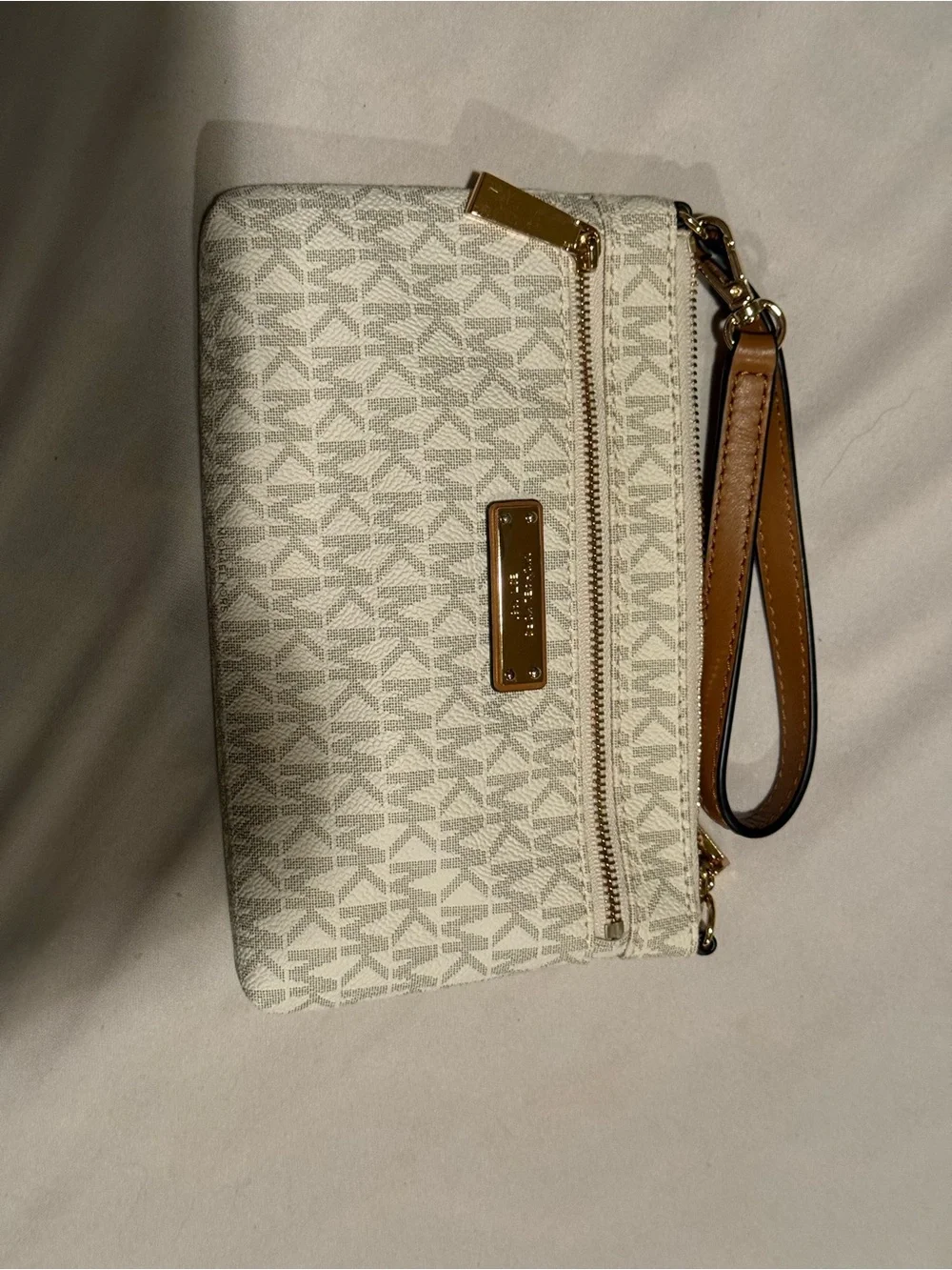 Michael Kors Beige Logo Wristlet with Tan Strap